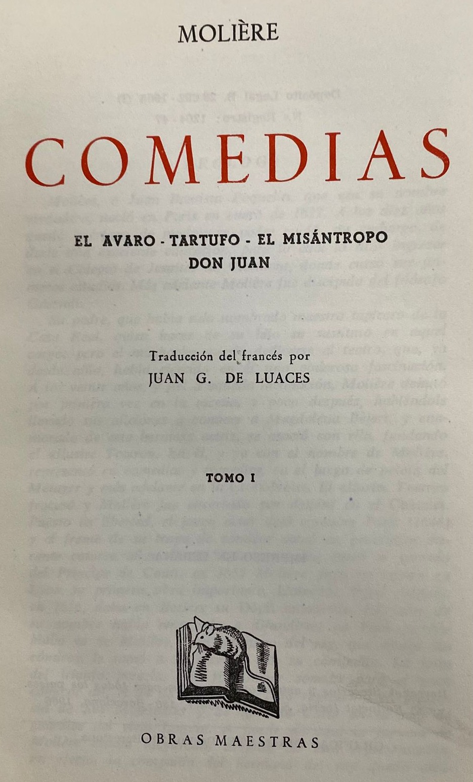 Comedias: El Avaro - Tartufo - El Misántropo y Don Juan Tomo I / Tapa Dura