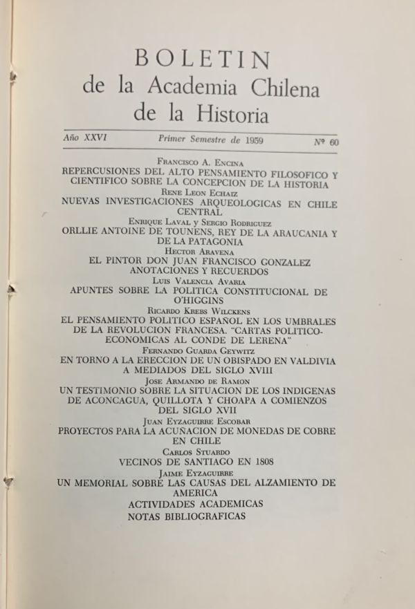Boletín de la Academia Chilena de la Historia: Año XXVI, primer semestre de 1959, N.º 60 / Tapa Dura